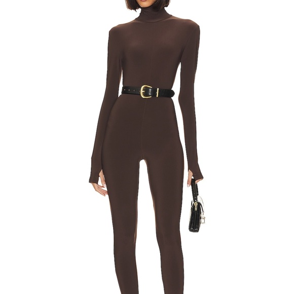 Norma Kamali Slim Fit Turtle Catsuit With Footsie in Chocolate - Picture 3 of 13